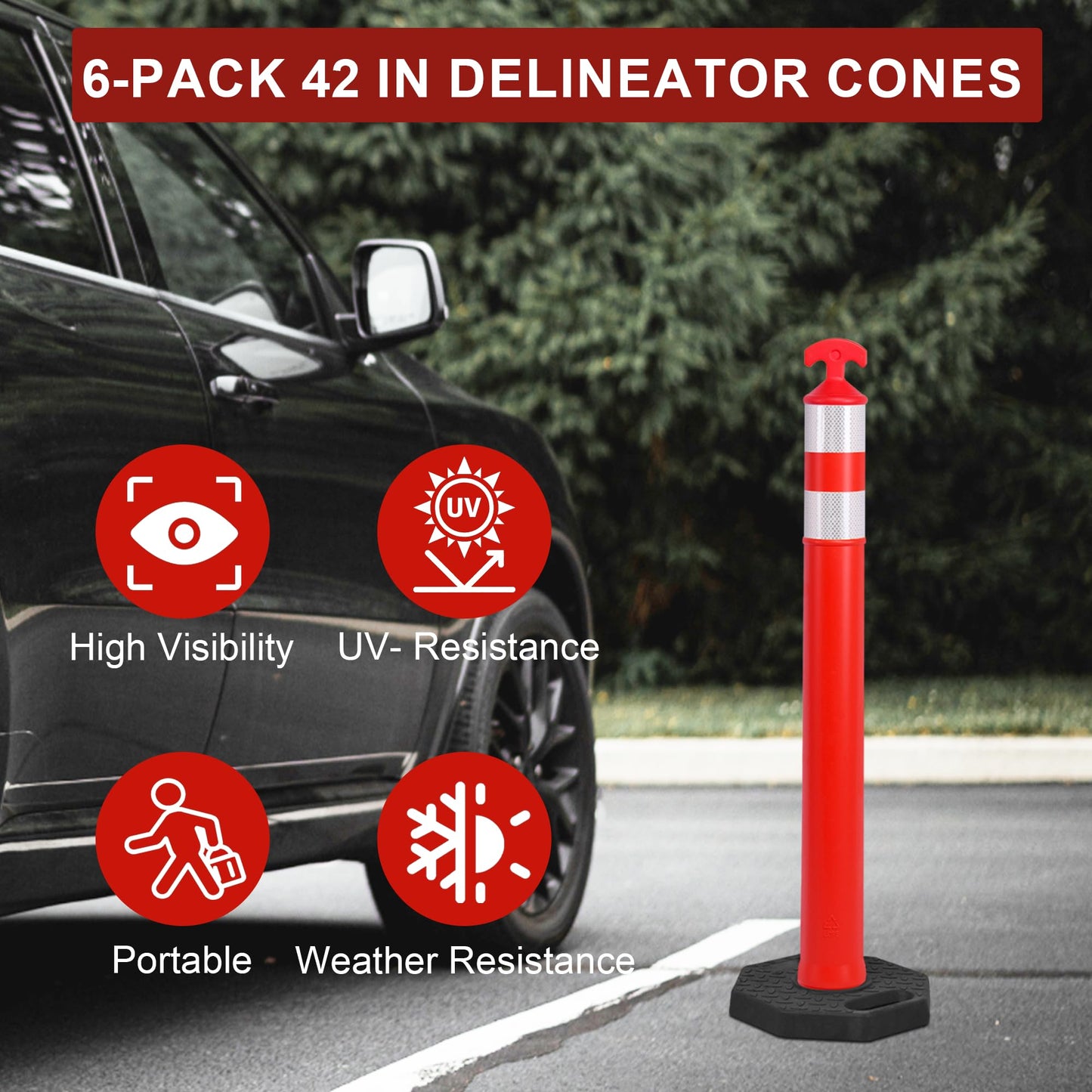 OrangeStar 42" Traffic Delineator Post Cones 6-Pack Orange Safety Cones with Heavy Duty Rubber Base for Construction, Road Work, Parking Lots, Warehouse and Events