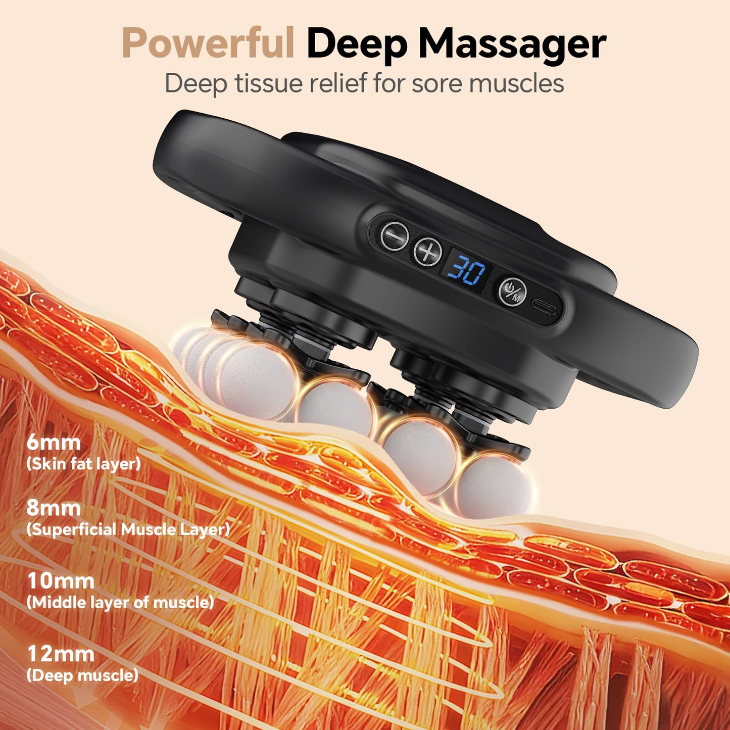 Beown 16 Head Massage Gun Deep Tissue, Back Muscle Massager with 3 Modes & 30 Intensity Levels for Legs, Waist, Back, Neck, Portable Percussion Massage Gun for Pain Relief, Ideal Gift for Women, Men