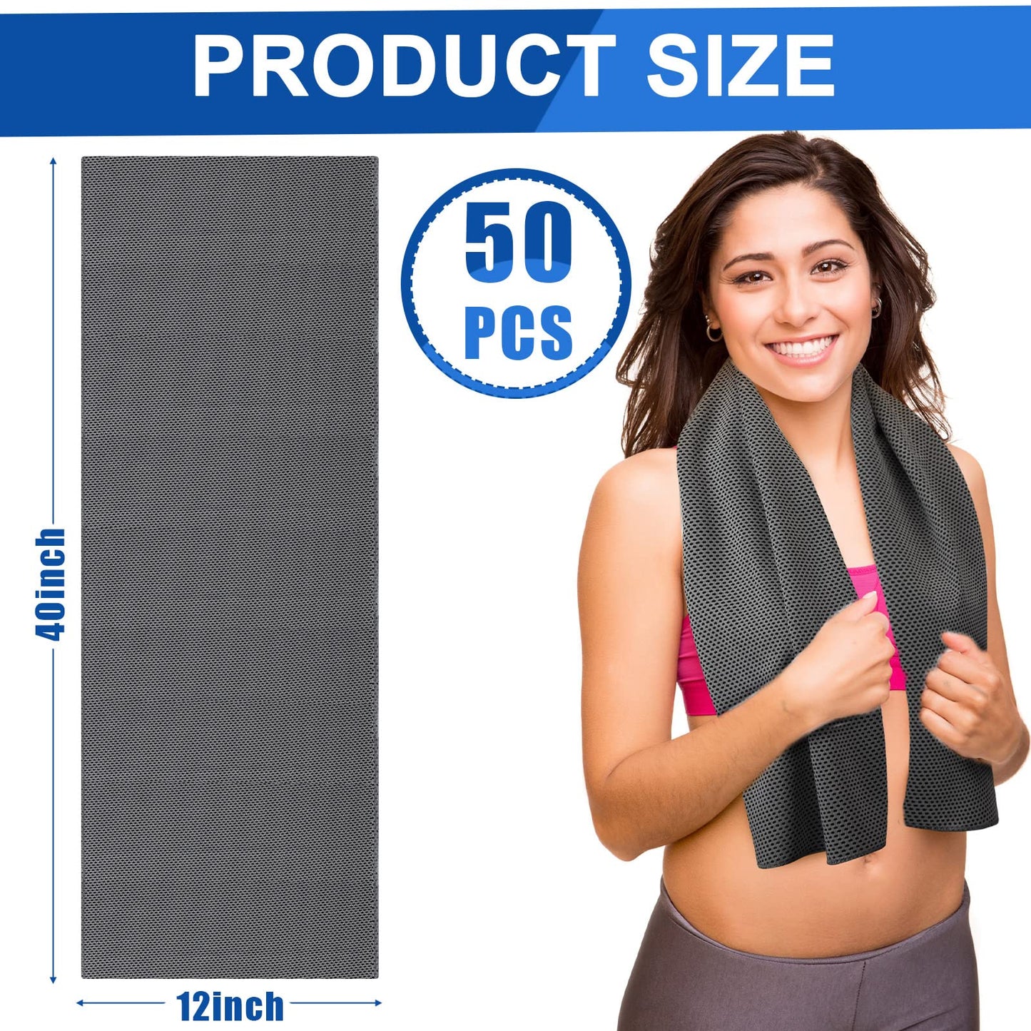 50 Pcs Cooling Towel 40 x 12 Inch Microfiber Workout Towels Breathable Chilly Towel Ice Cool Cold Towels Bulk Fast Drying Absorbent Sweat Rag for Neck Yoga Sports Golf Gym Camping (Dark Gray)