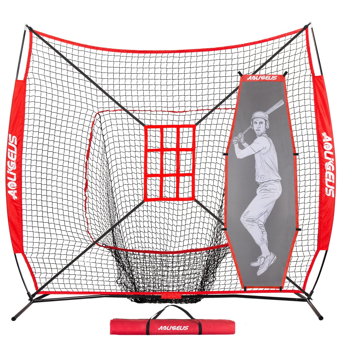 AOLIGEIJS 7'X7' Baseball Softball Practice Net,Pitching Net, Batting Net,with Tee,Bonus Strike Zone and Bow Frame,for Hitting,Pitching, Catching,with Carry Bag (Basebll Net+Batter Dummy) Red