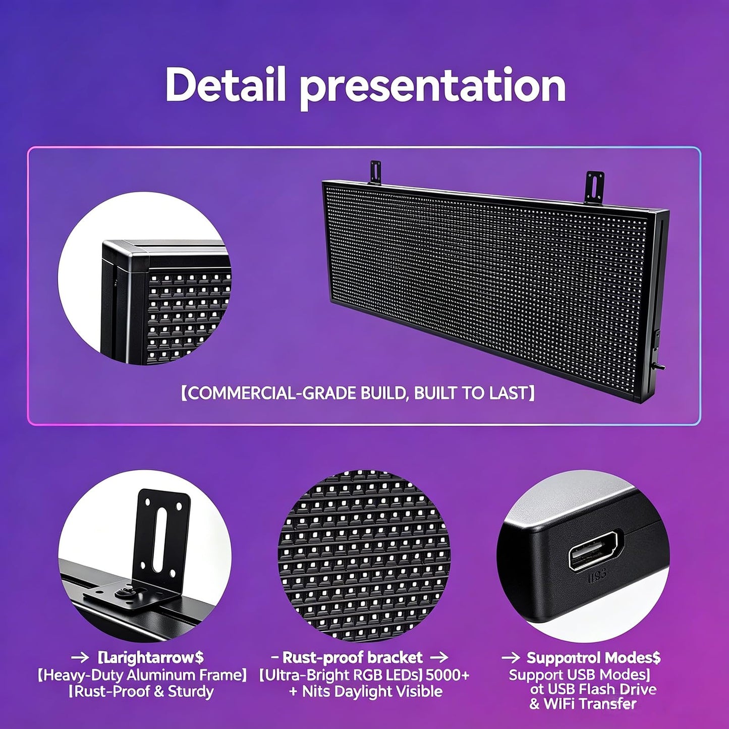 P10 Scrolling LED Sign 39x14 Inch, High Brightness Programmable Digital Message Board, Full Color WiFi Control Electronic Led Open Signs for Business Storefront, Window, Restaurant, Food Truck (Waterproof)