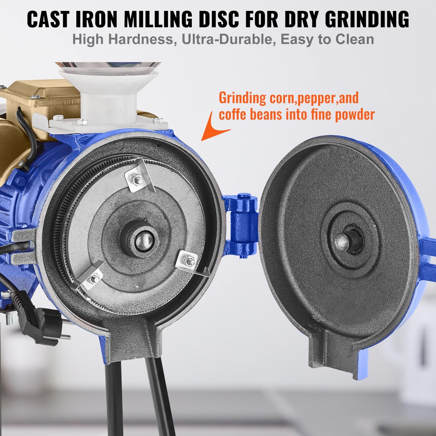 VEVOR Electric Grain Mill Grinder, 3000W Spice Grinders, Commercial Corn Mill with Funnel, Thickness Adjustable Powder Machine, Heavy Duty Feed Flour Cereal Mill Wheat Grinders, Dry Grinder