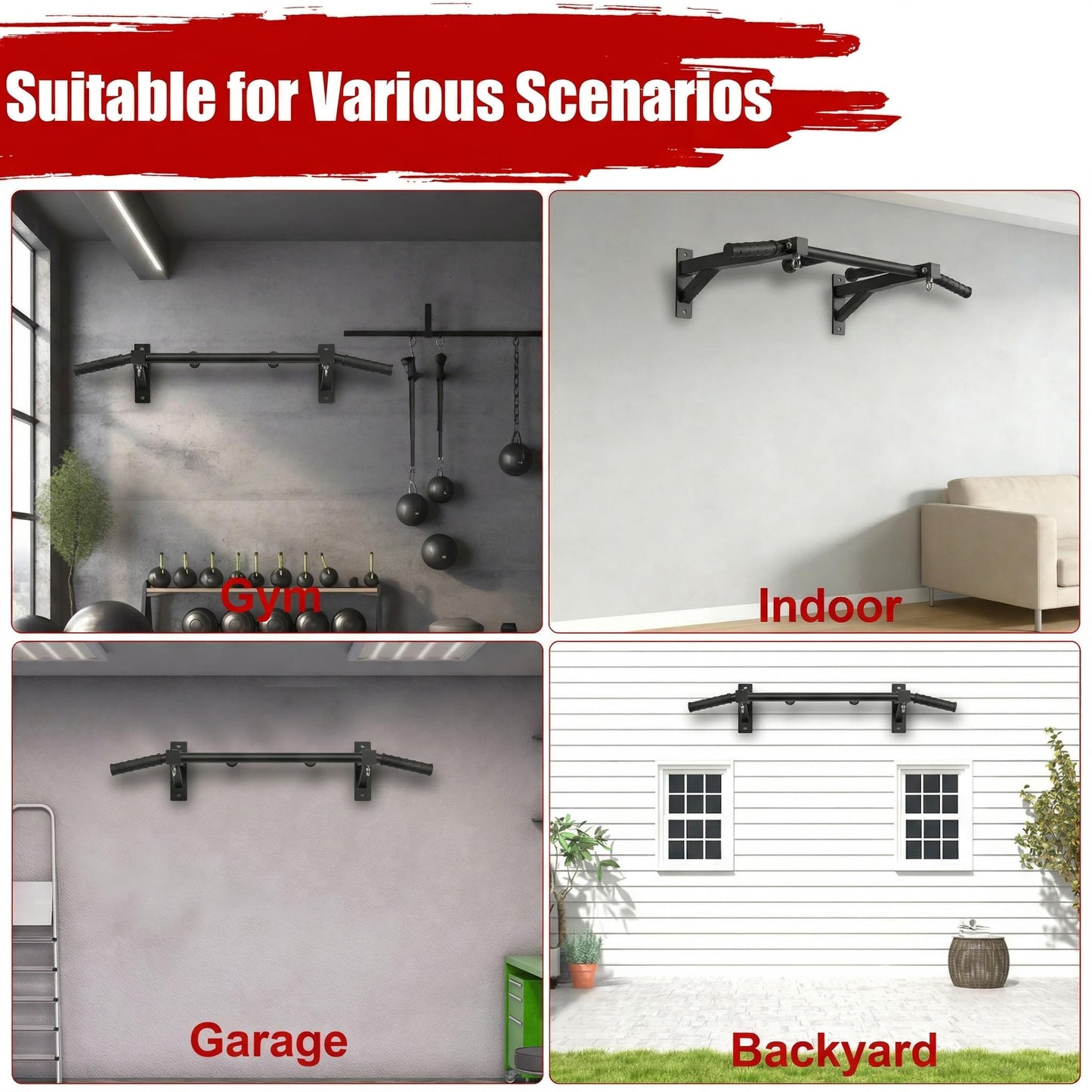 HWOOUSA Wall Mount Pull Up Bar, Heavy Duty Steel PullUp Bar Fits Wood Studs, Multi Grip Pull Up Bar with Ball Finger & Round Rings, for Home Gym Garage Basement Strength Training Chin Up Bar