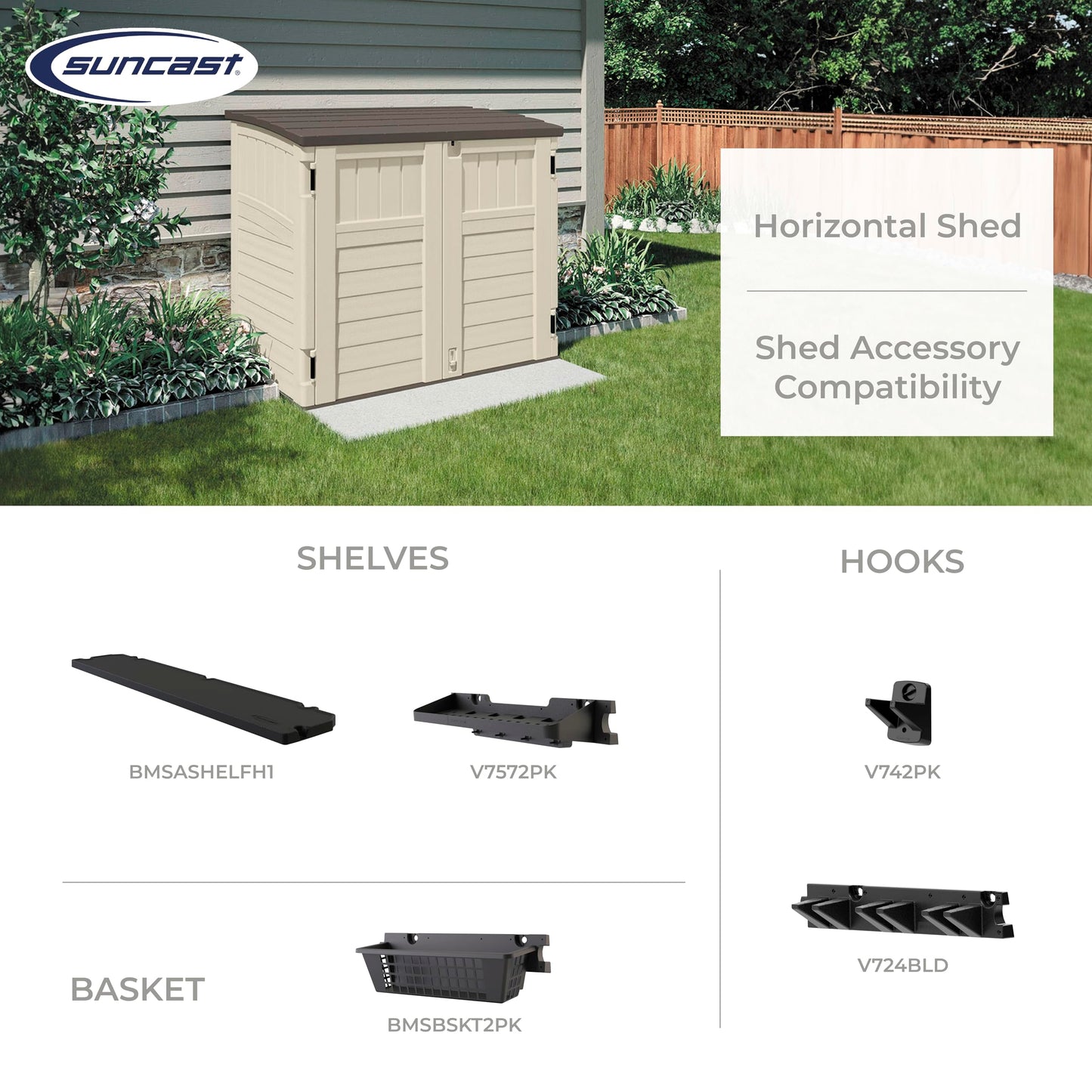 Suncast 34 Cu Ft Horizontal Resin Storage Shed - Outdoor Storage Shed with Floor Included, Lockable, Weatherproof, Fits Small to Medium Trash Cans, Generators, & Garden Tools, Vanilla Stoney