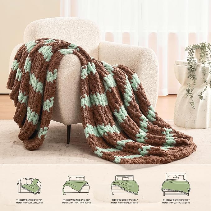L'AGRATY Chunky Knit Blanket Throw: 50''x60'' Chenille Chunky Knitted Throw Blankets for Bed Couch - Handmade Thick Cable Knit Blanket - Large Crochet Rope Blankets for Home Decor