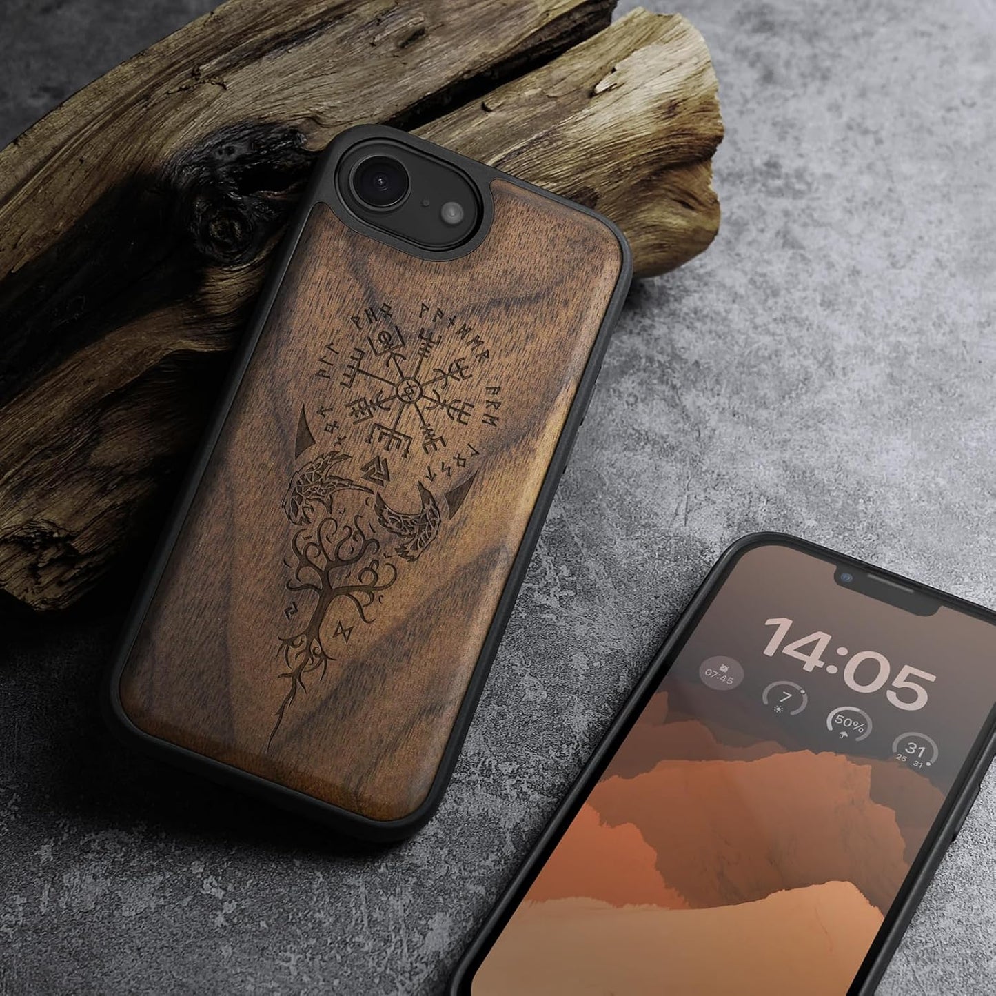 Carveit 16e 17e, Magnetic Wooden Case for iPhone / Solid Wood & Black TPU, Artisan Engraved Design, Shockproof Cover