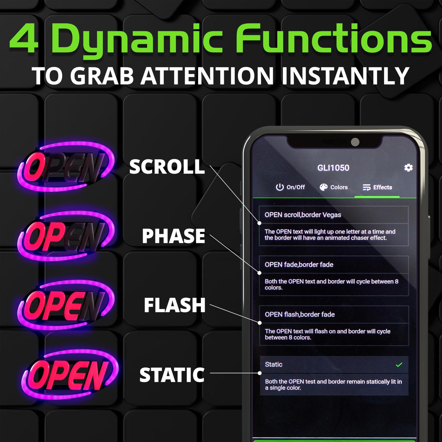 Green Light Innovations Super‑Bright LED Open Sign 15×32 in – Programmable with 64 Color Combos via App or Remote – Static, Scroll, Flash & Phase Modes – Daylight Visible Electric Sign