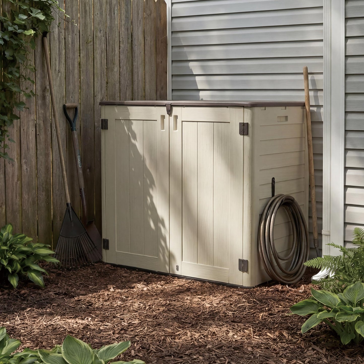 Allpop Outdoor Storage Shed, 31 Cu.Ft Resin Horizontal Storage Cabinet for Trash Cans, Patio & Garden, Khaki