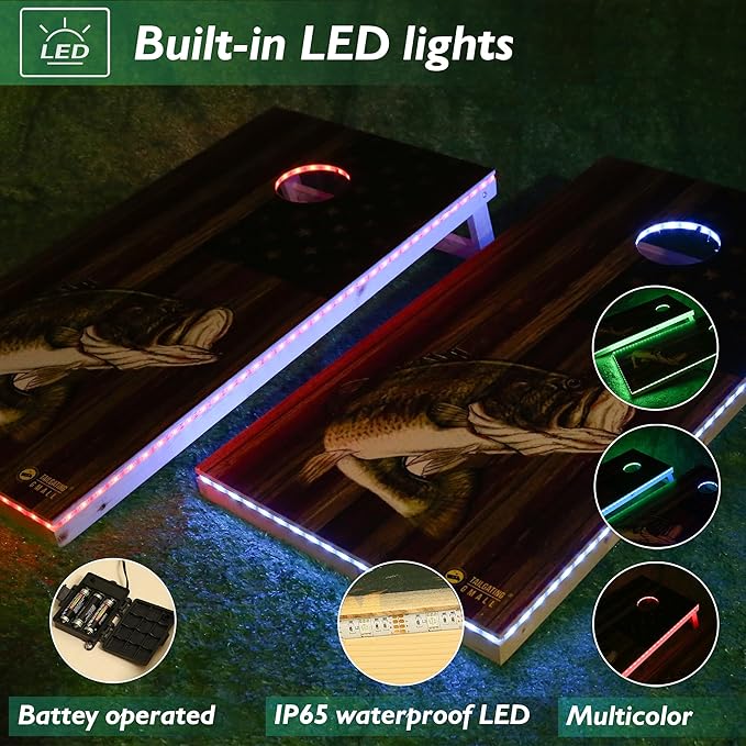 LED Cornhole Board Set 4FTx2FT Solid Wood Regulation Size Cornhole Set with LED Lights Includes 8 Cornhole Bags for Adults (USA Flag & Fish, 4'x2')