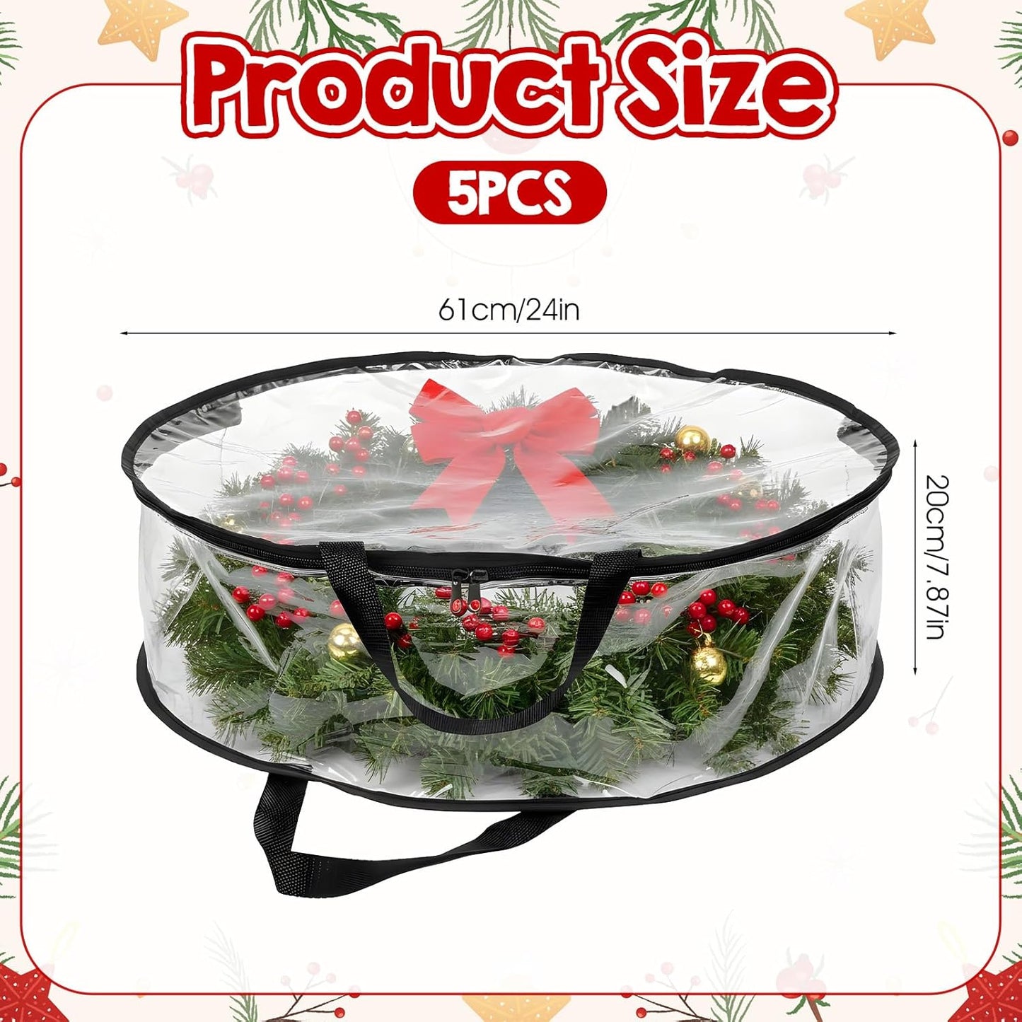 Regine Switzerland Wreath Storage Bags - 5 Pcs Waterproof PVC Containers for 24 x 8 Inch Christmas Wreaths | Black