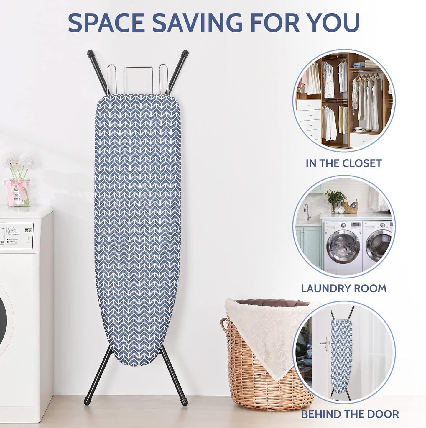 APEXCHASER Ironing Board Full Size, Iron Board with Ironrest, Lightweight Iron Table Stand Adjustable Height, Foldable Iron and Ironing Boards Set with Thick Padding, Sturdy Metal Legs, Blue 43x13