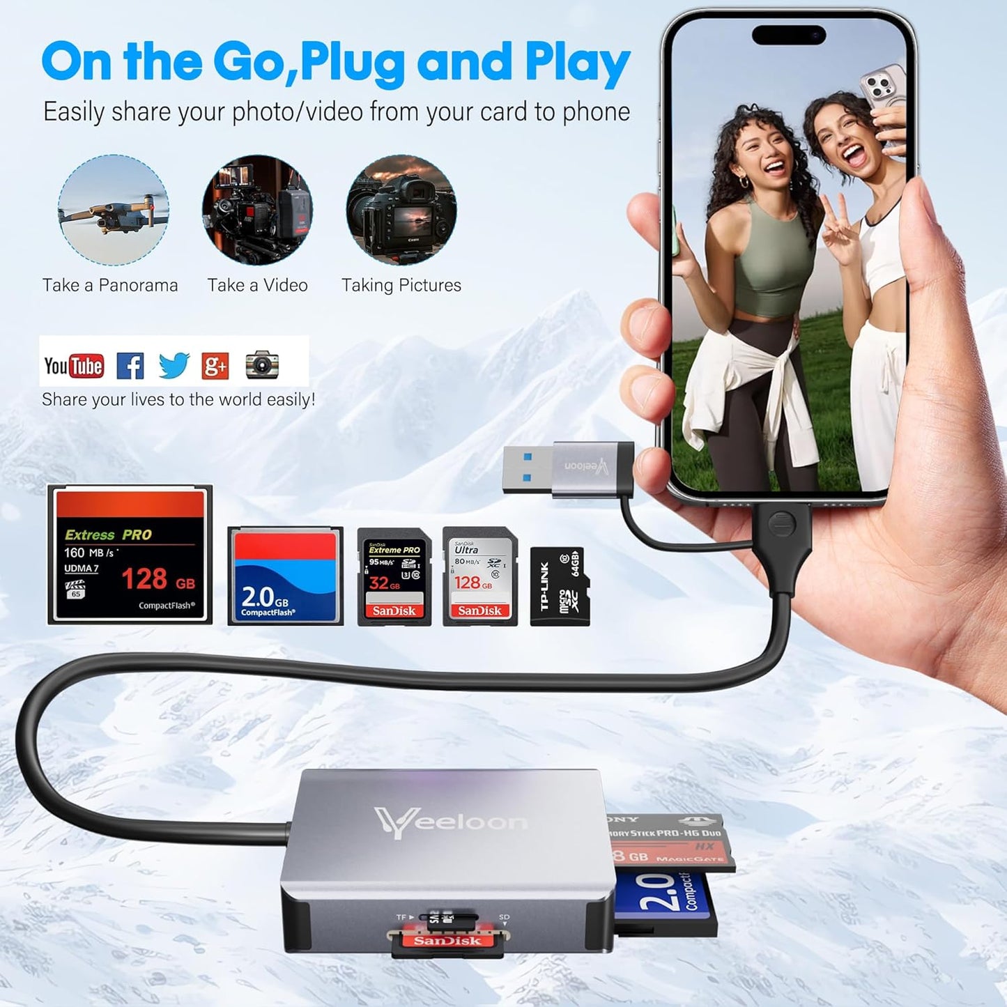 Veeloon 4-in-1 3.0 17/16, Multi OTG SD Card Reader, USB C USB Dual Connector Adapter Simultaneously Read SD MS CF TF