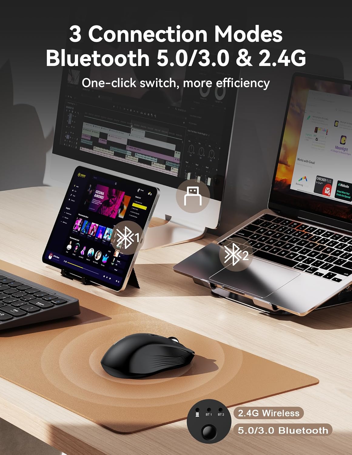 TECKNET BT1 BT2 4800 Bluetooth Mouse, [ USB + + ] Wireless Mouse for Laptop, Silent Click, Ergonomic Design, DPI