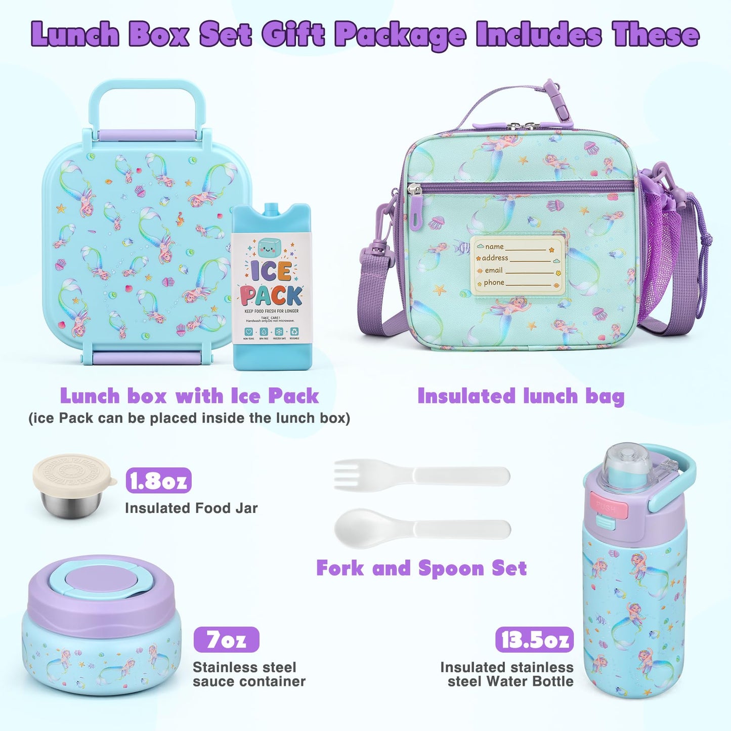 Bento Lunch Box for Kids with 7oz Soup Thermo,Insulated Stainless Steel Kids Water Bottle with Straw and Insulated Lunch Bag,Leak-Proof Lunch Food Container with Ice Pack for School(Purple-Mermaid)