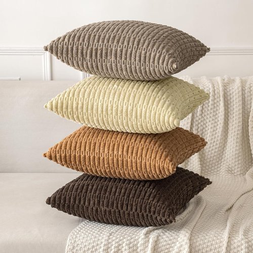 MIULEE Corduroy Throw Pillow Covers - Soft Boho Striped Design | 18x18 Inch for Modern Farmhouse Decor