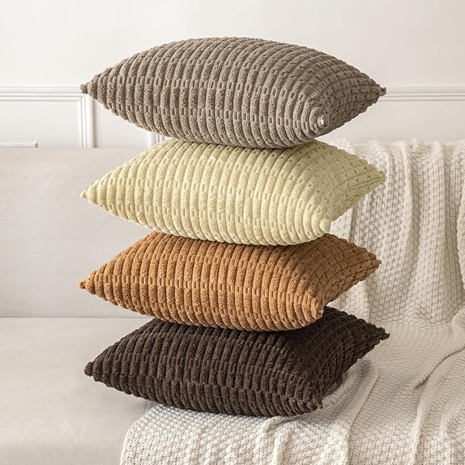 MIULEE Pack of 2 Corduroy Decorative Euro Sham Throw Pillow Covers 24x24 Inch Soft Boho Striped Pillow Covers Modern Farmhouse Home Decor for Sofa Living Room Couch Bed Brown