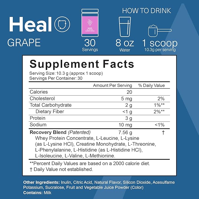 The Amino CO. - Heal - Post Workout Recovery Drink with Pure Eaa Amino Acid Formula - Creatine Monohydrate Powder for Efficient Muscle Repair, Vegan, and Keto-Friendly with Grape Flavor - 10.89oz.