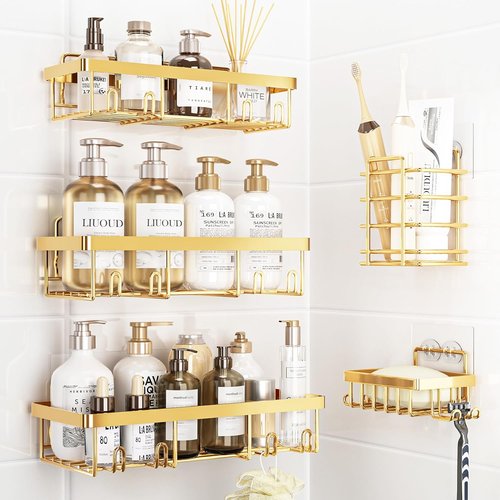Liuoud Shower Caddy Organizer - Rustproof Stainless Steel Wall Storage Basket Set | 5 Pack, Gold