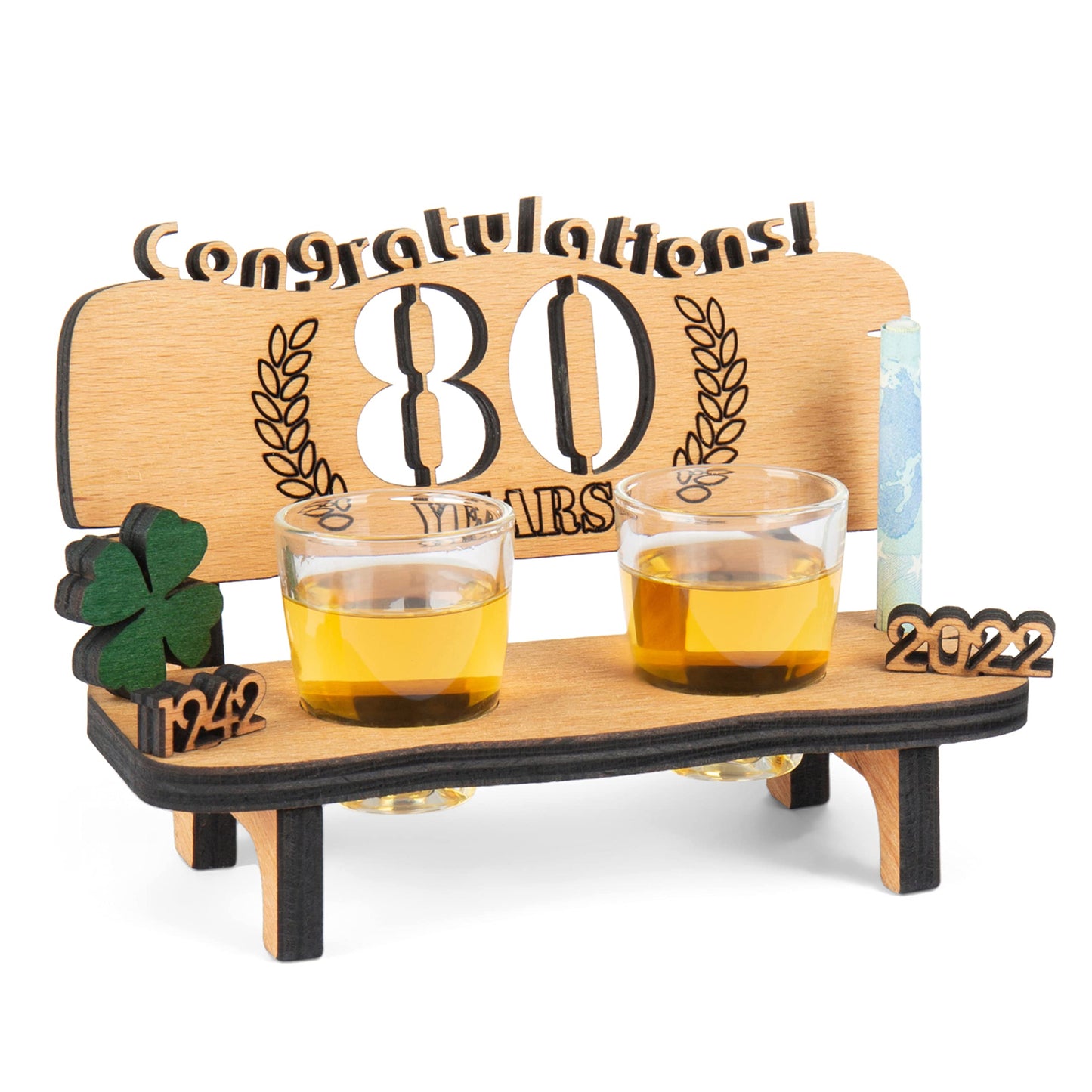 Brynnberg Wooden Bench with Shot Glasses - 80 Engraved (Years Available 10-90) - Original, Funny and Emotional Gift for Wedding, Anniversary or Birthday - 2 Shot Glasses and Wood Four-Leaf Clover