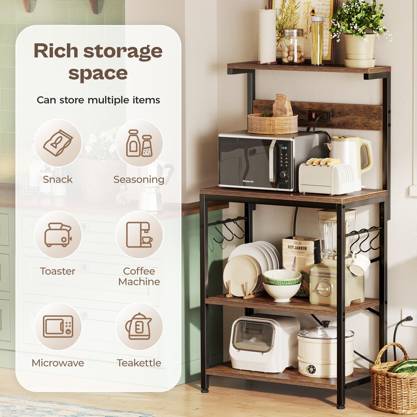 SUPERJARE Kitchen Bakers Rack with Power Outlet, Coffee Bar Table 4 Tiers, Kitchen Microwave Stand with 6 S-shaped Hooks, Storage Shelf Rack for Spices, Pots and Pans - Rustic Brown