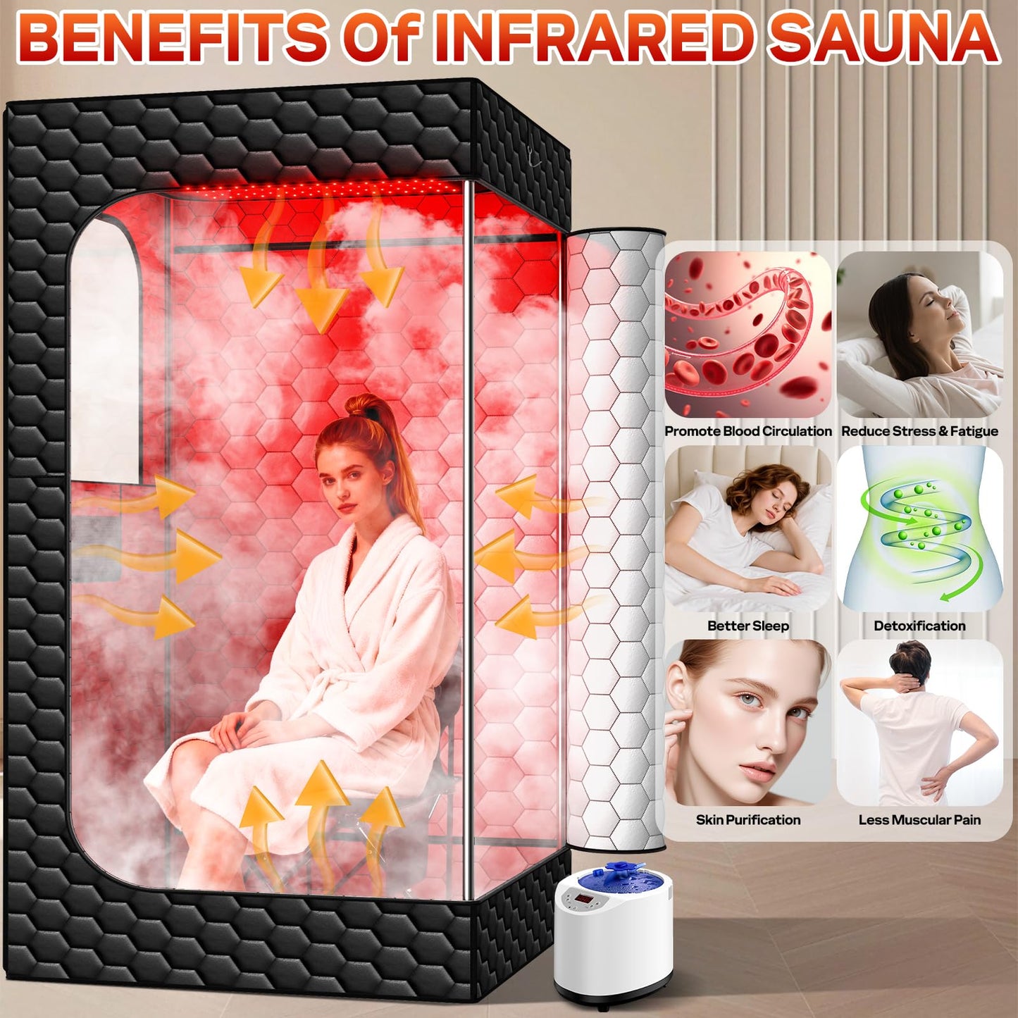 Portable Infrared Sauna, 160 LEDs Red Light Sauna Box, Steam Sauna Tent with 3L Steamer, 15 Heating Levels for Home Spa, Relaxation, Detoxification, Muscle Relief, Indoor & Outdoor, 32" x 32" x 71"