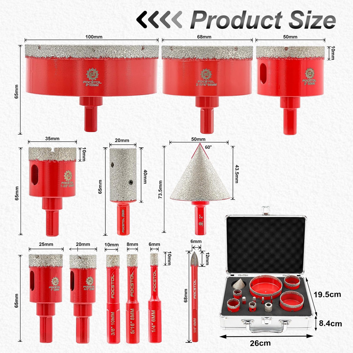 Diamond Core Drill Bit Set - FOCSTOL 12pcs (6/8/10/20/25/35/50/68/100mm+20mm Finger Milling Bit+50mm Beveling Chamfer Bit+6mm Carbide Drill) Hole Saw Kit for Porcelain Ceramic Tile Marble Granite