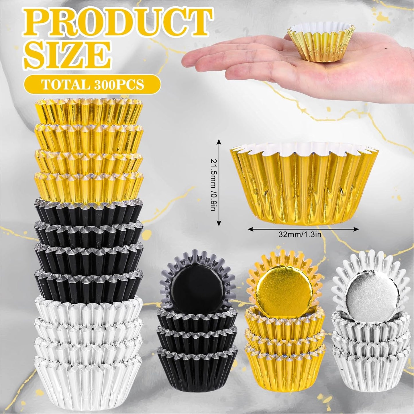 Whaline 300Pcs Graduation Cupcake Liners - Black Gold Silver Foil Baking Cups for Party Supplies