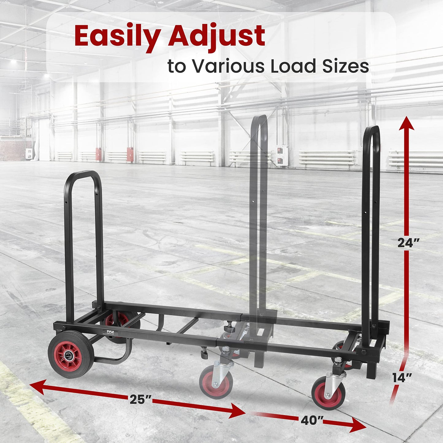Pyle Compact Folding Adjustable Equipment Dolly - Heavy Duty Multi‑Function Convertible Cart Hand Truck/Platform Cart with Wheels - Expandable Up to 25.24" to 40.24" - 200LBS MAX Load Capacity