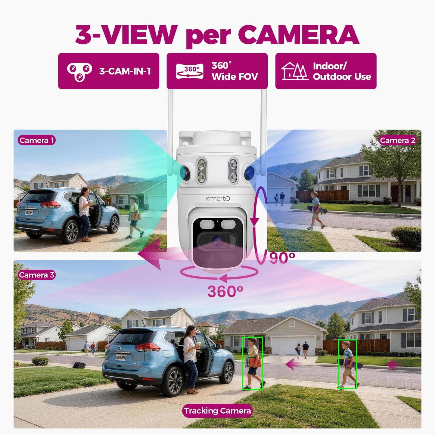 [Doorbell + 4-CAM] XMARTO 6MP Tri-Lens Wireless Security Camera & Smart Doorbell Set, 4Pcs 3-View 360°PTZ AI Tracking Cam & 16CH 4K WiFi6 NVR (1TB HDD) & 2.4G/5G Dual Band Doorbell, No Monthly Fee