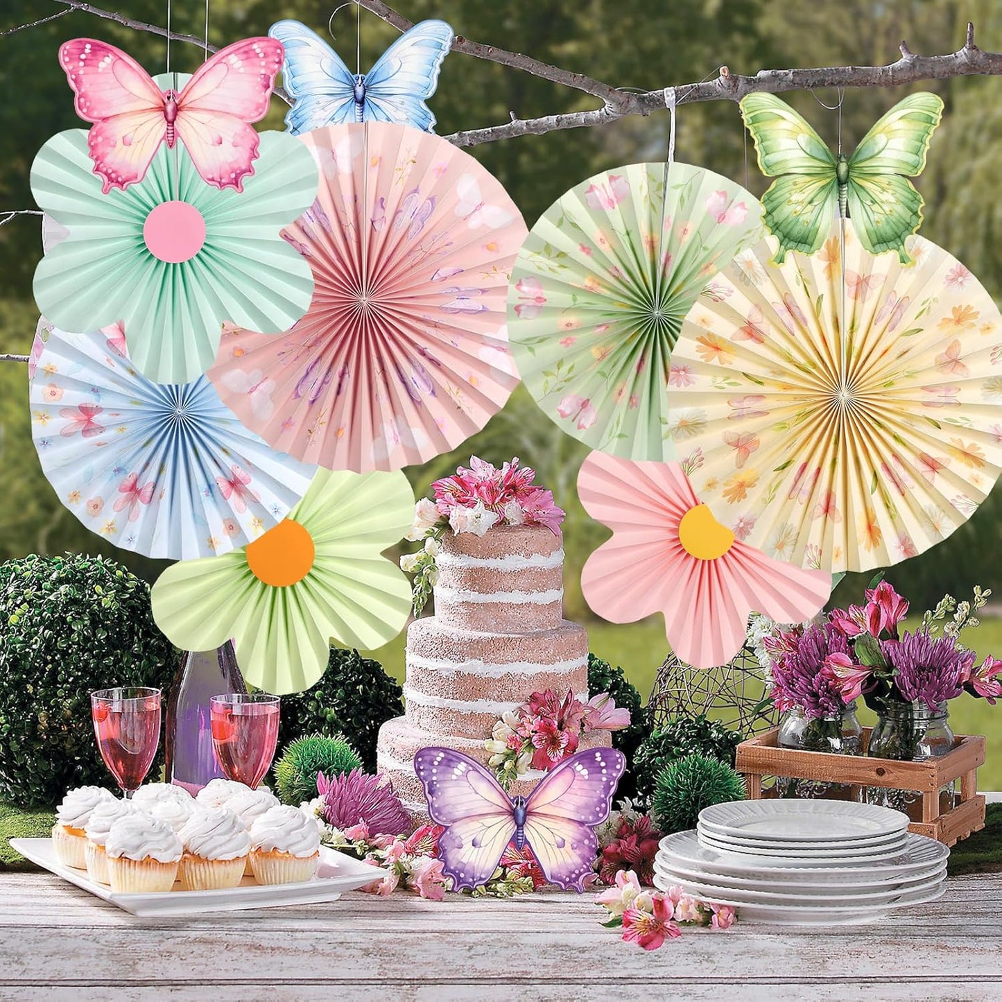 Skiennix Pastel Butterfly Garden Paper Fan - Floral Wall Decorations for Parties & Events