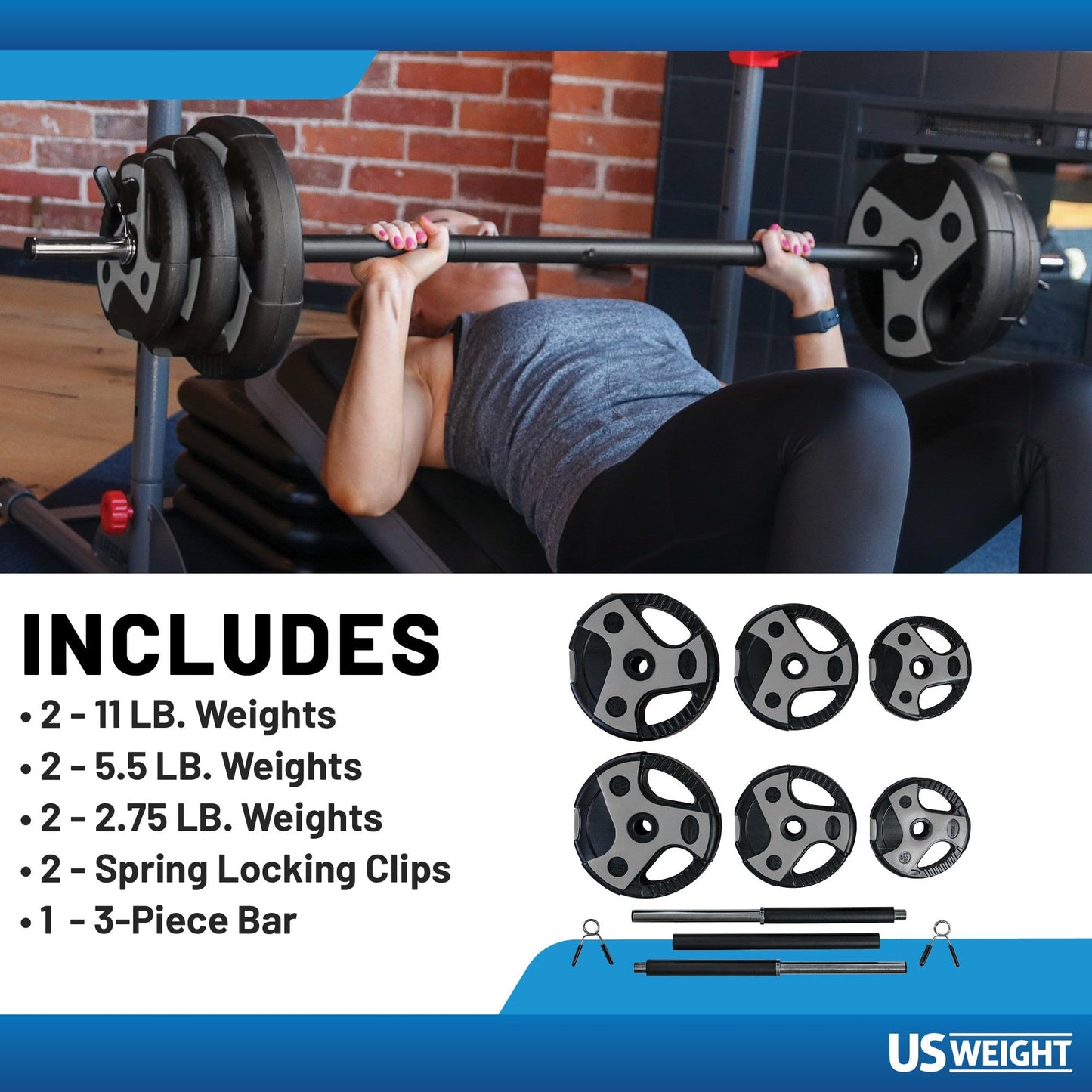 US Weight 43 LB Barbell Weight Set for Home Gym with 55” padded Bar, Adjustable Weights for Exercise, Lifting and to Build Muscle