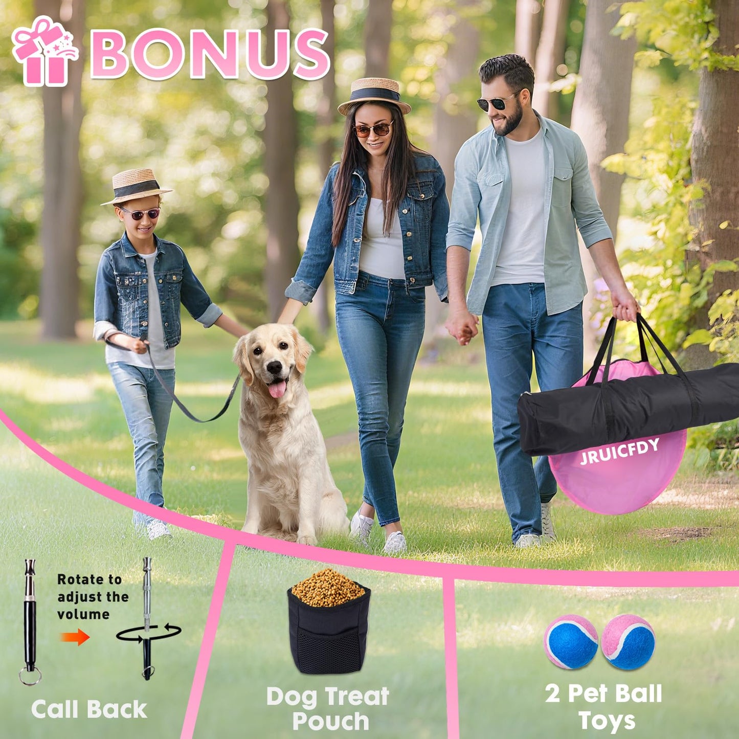 Dog Agility Course Backyard Set, Dog Agility Equipment, Pet obstacle Course Backyard with 6 Dual Mode Weave Poles, 2 Adjustable Hurdle, Jump Ring, Tunnel, Pause Box, Toy Balls and 2 Carrying Bags,Pink