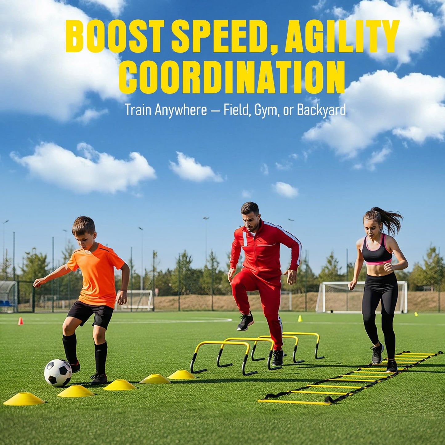 Agility Ladder,Soccer Training Equipment Set-20ft Speed Ladder,12 Soccer Cones,4 Hurdles,Jump Rope,Running Parachute,Basketball Football Agility Training Equipment for Kids, Youth, Adults (Yellow)