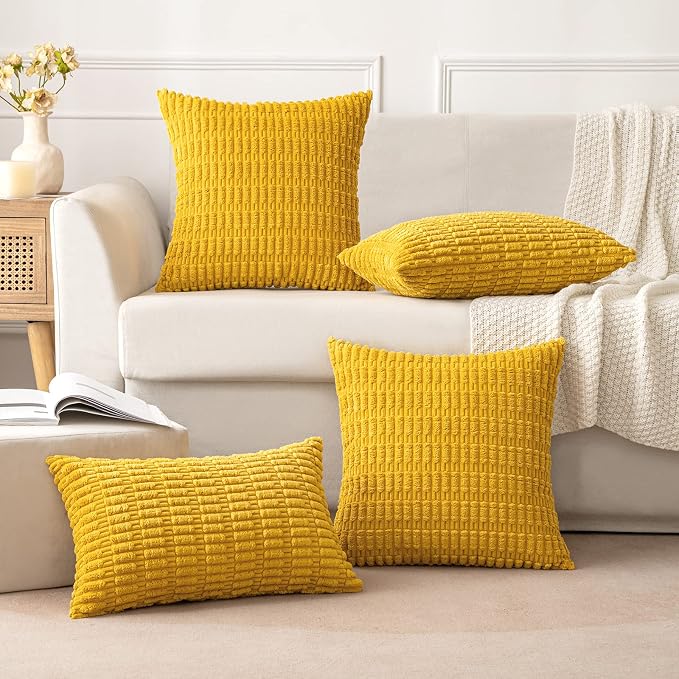 MIULEE Pack of 2 Corduroy Decorative Throw Pillow Covers 16x16 Inch Soft Boho Striped Pillow Covers Modern Farmhouse Home Decor for Summer Sofa Living Room Couch Bed Mustard Yellow