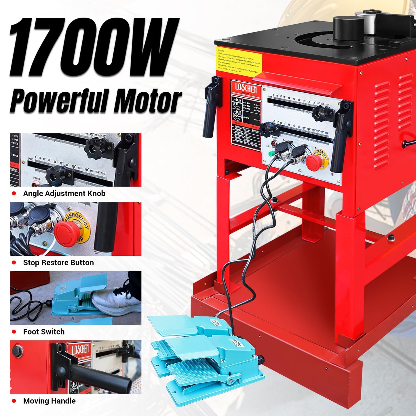 LOSCHEN Electric Hydraulic Rebar Bender,Bending Angle 0-180 Degrees,Bending up to 1 Inch #8 6-25mm Rebar,with Foot Pedal and Height Enhancement Bracket,1700W Desktop Electric Rebar Bender