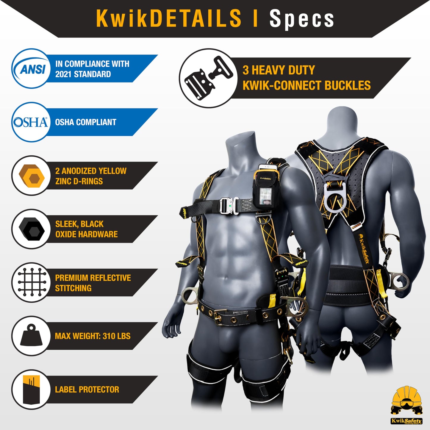 KwikSafety - Charlotte, NC - TYPHOON DiamondBACK Safety Harness [BACK SUPPORT + TONGUE BUCKLES] ANSI OSHA Premium 3 D-Ring Fall Protection Black Full Body Fall Arrest Construction Roofing Gear