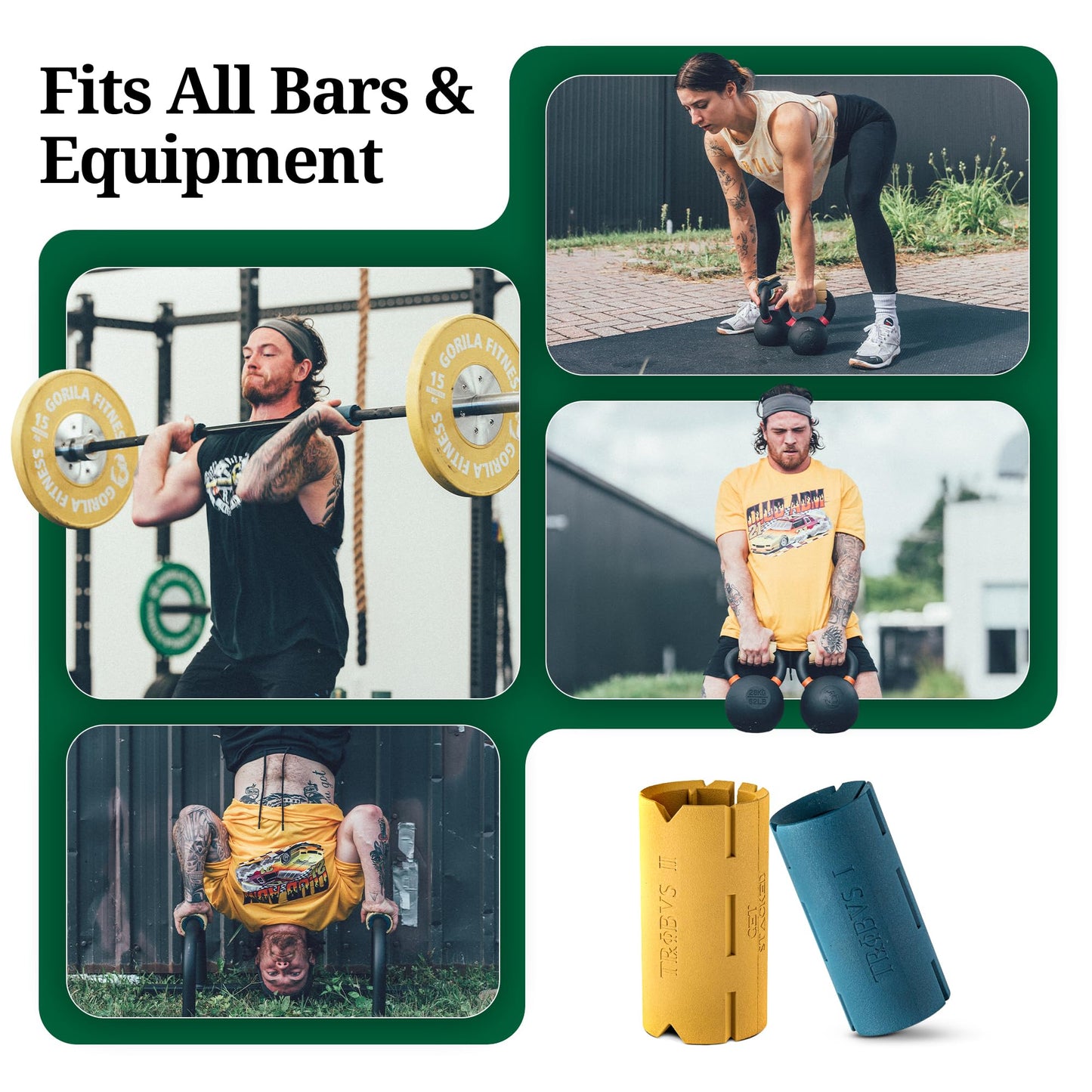 Tribus 2-in-1 Thick Grips for Dumbbells & Barbells (2.05" & 2.44”) — Thick Grips for Dumbbells Bars & Fitness Equipment — For Grip Strength & Arm Training, Non-Slip Heavy Duty Rubber