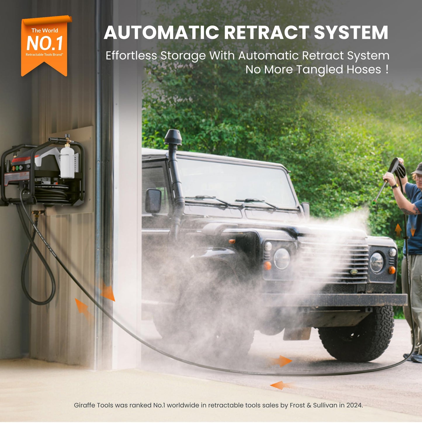 Giraffe Tools Crossfalls Retractable Pressure Washer Ultra, Max 2.6GPM 1650PSI with Brushless Motor, Wall Mount Electric Power Washer with 50ft Pressure Hoses, 4-Nozzle, Foam Cannon, Automatic Rewind