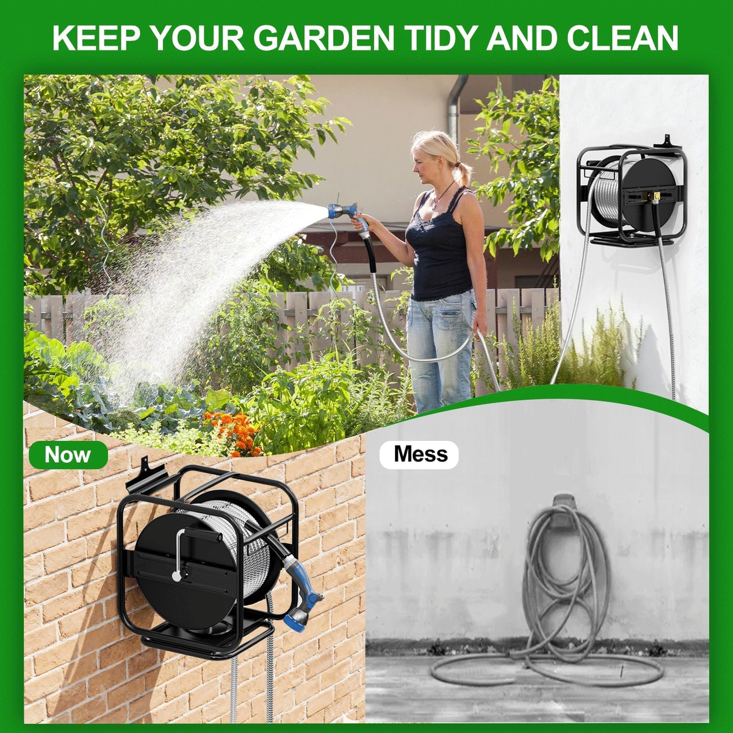 SPECILITE Upgraded Metal Garden Hose Reel With 100 Ft 304 Stainless Steel Water Pipe, Heavy Duty Anti-UV Wall Mount/Freestanding Spool with Nozzle, 360° Rotation Frame for Yard