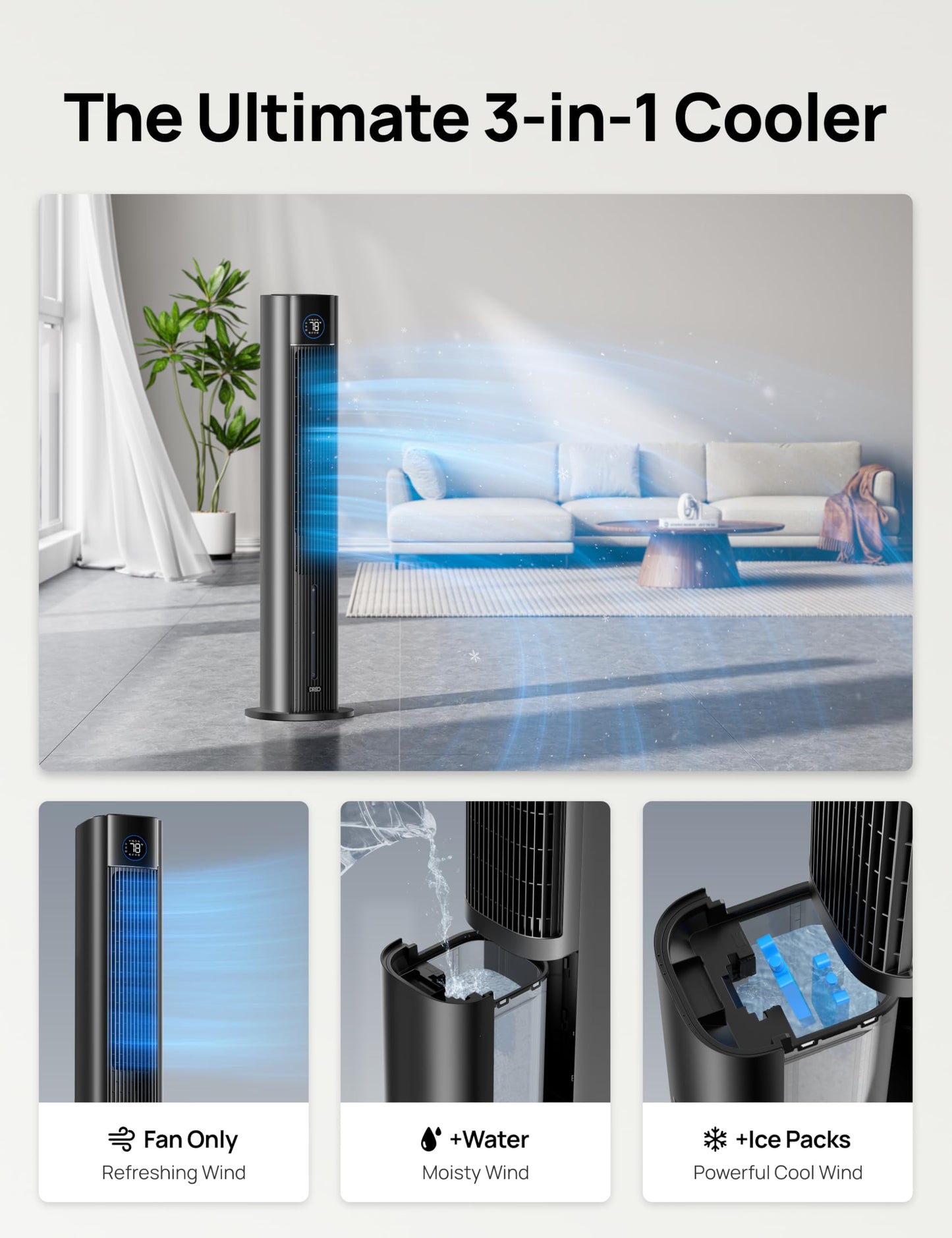 DREO Evaporative Air Swamp Cooler, 43" Cooling Fans that Blow Cold Air 2026 Upgraded, 80° Oscillating Floor Fan for Bedroom, Easy Cleaning, APP Control, Ice Packs, 4 Speeds & 4 Modes, 12H Timer, Black