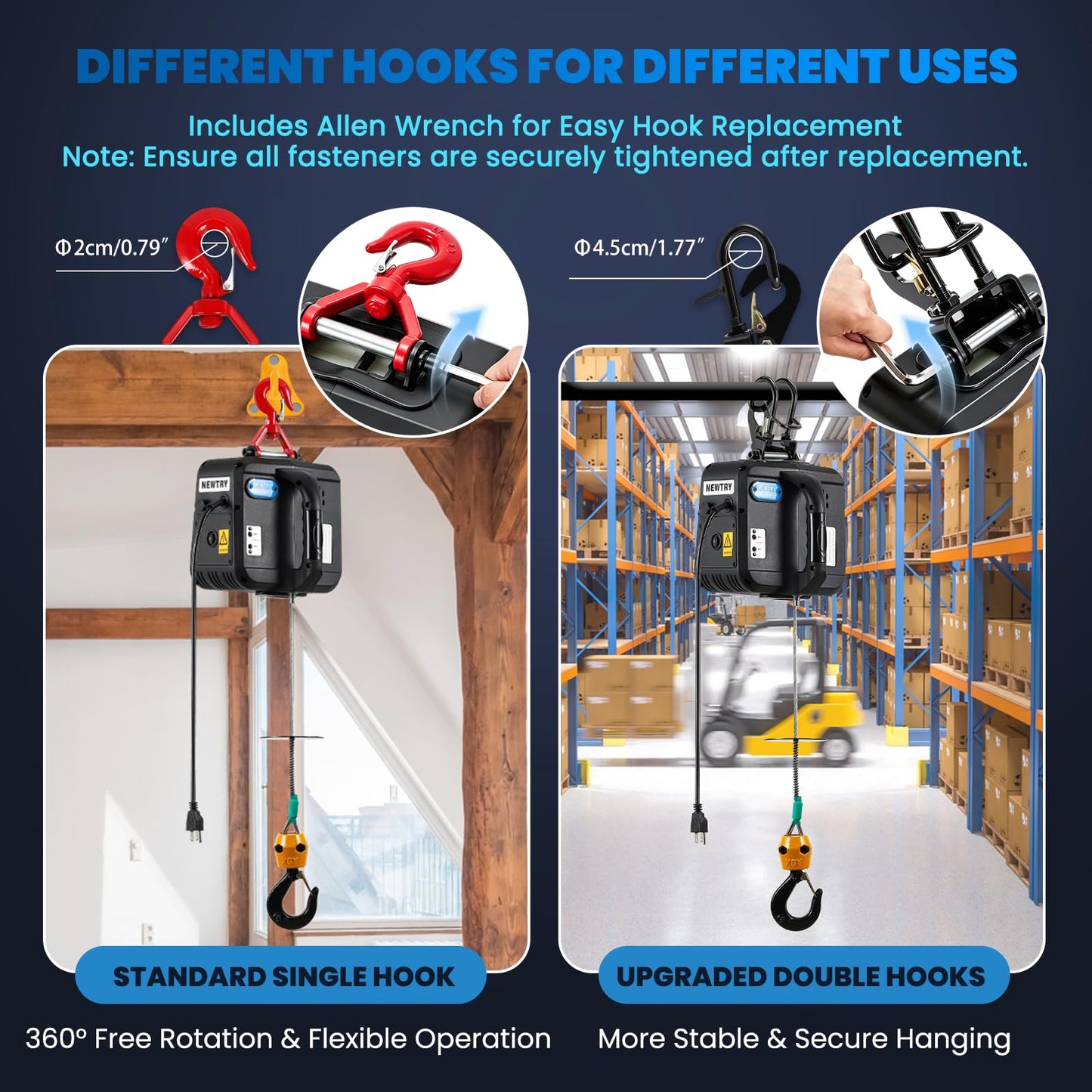 NEWTRY Electric Hoist PRO with Single/Double Hook, 1100lb Electric Winch 110v 120v, 2 Wireless Remote Control & Cable Remote Control for Garage, Warehouse, Factory