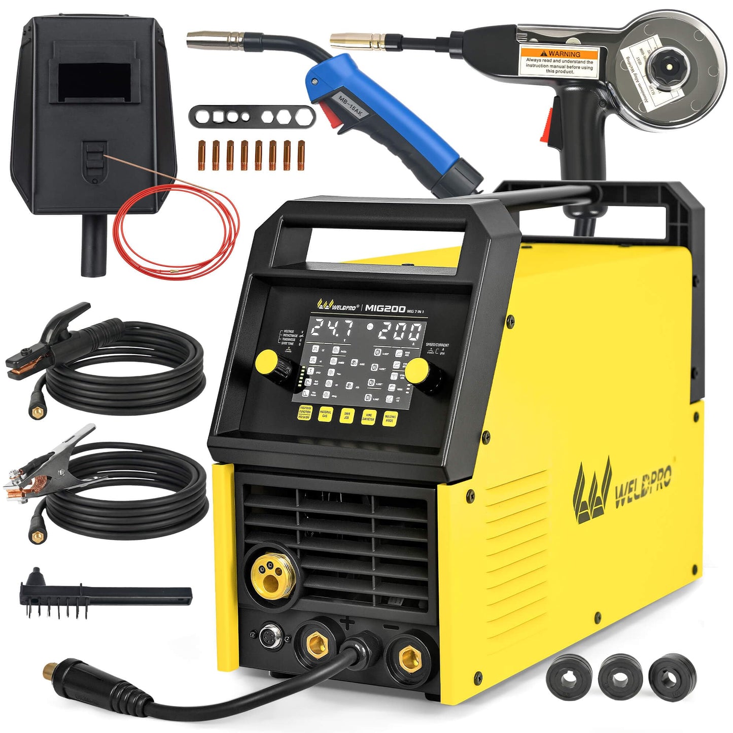 Weldpro 200 Amp MIG Welder, 110/220V 7-in-1 Manual MIG/Synergic MIG/Gasless MIG/Lift TIG/MMA/Spot/Spool Gun Aluminum Multi-process Welding Machine with Large LED Display, IGBT, 2T/4T, Spool Gun