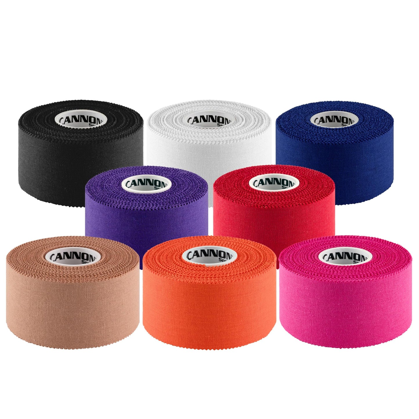 Cannon Sports Premium Athletic Tape - 1.5” x 45 Feet Per Roll - Easy Tear, No Sticky Residue, Very Strong, Hypoallergenic, Latex Free - Pack of 8 (White-Black-Pink-Purple-Blue-Natural-Red-Orange)