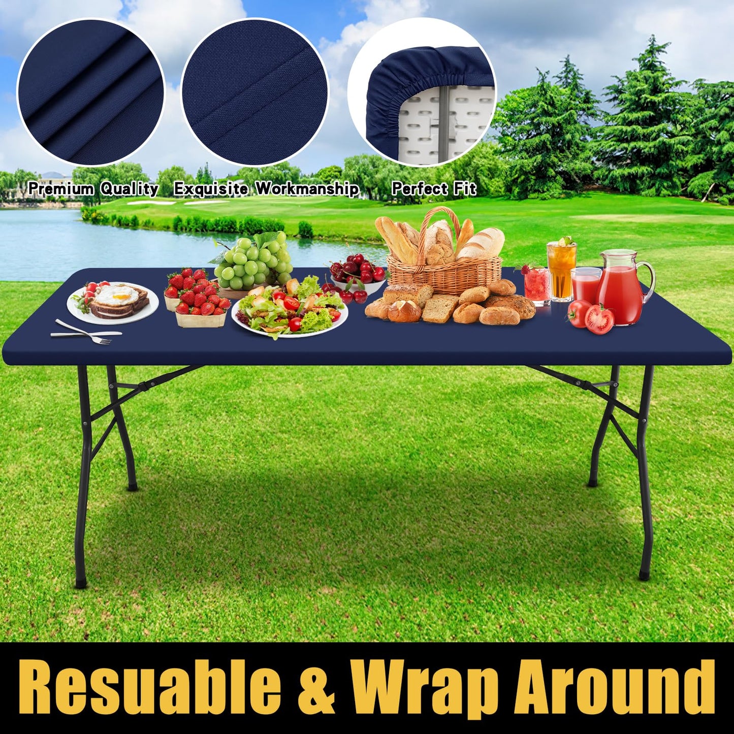 Smiry Rectangle Picnic Table Cloth, Waterproof Elastic Fitted Tablecloths for 6 Foot Tables, Washable Polyester Table Cover for Camping, Indoor and Outdoor (Navy, 30"x72")