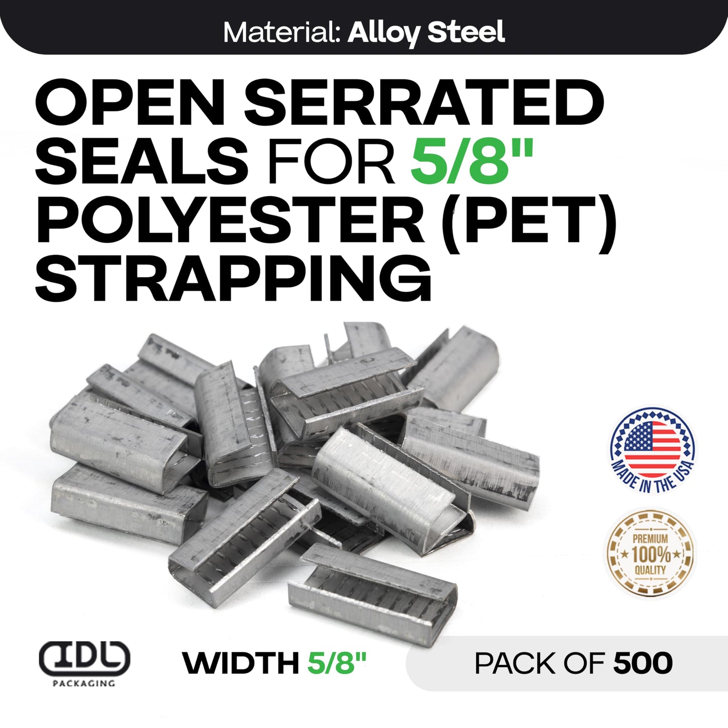 IDL Packaging Open Serrated Seals for 5/8" Strap Width Polyester (PET) Strapping (Pack of 500) – Increased Load Securement Due to Serrated Design of Strapping Clips