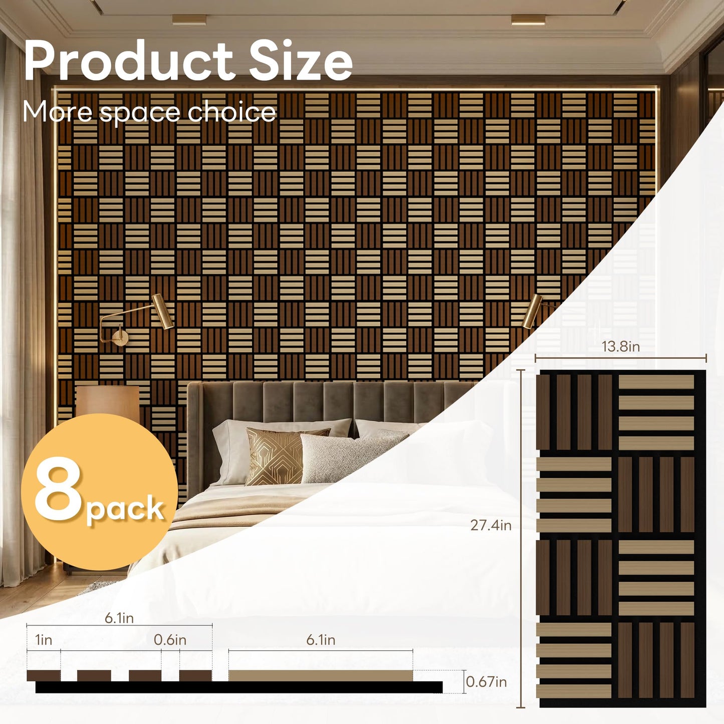 8 Pack Wood Slat Acoustic Wall Panels, Soundproof Wood Panels for Wall and ceiling, 3D Wall Panles with Slat Design for Bedroom, Living Room, Office, TV Background(13.8 × 27.4)