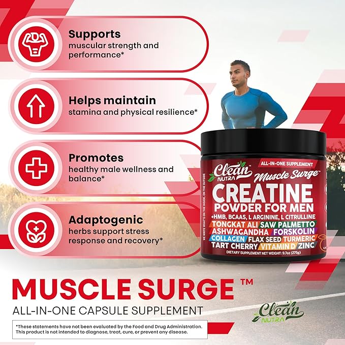 Clean Nutra Creatine Powder for Men + HMB BCAA L Arginine L Citrulline Tongkat Ali Saw Palmetto Ashwagandha Collagen Flax Seed Turmeric Preworkout Stevia Nitric Oxide L Glutamine Amino Acids