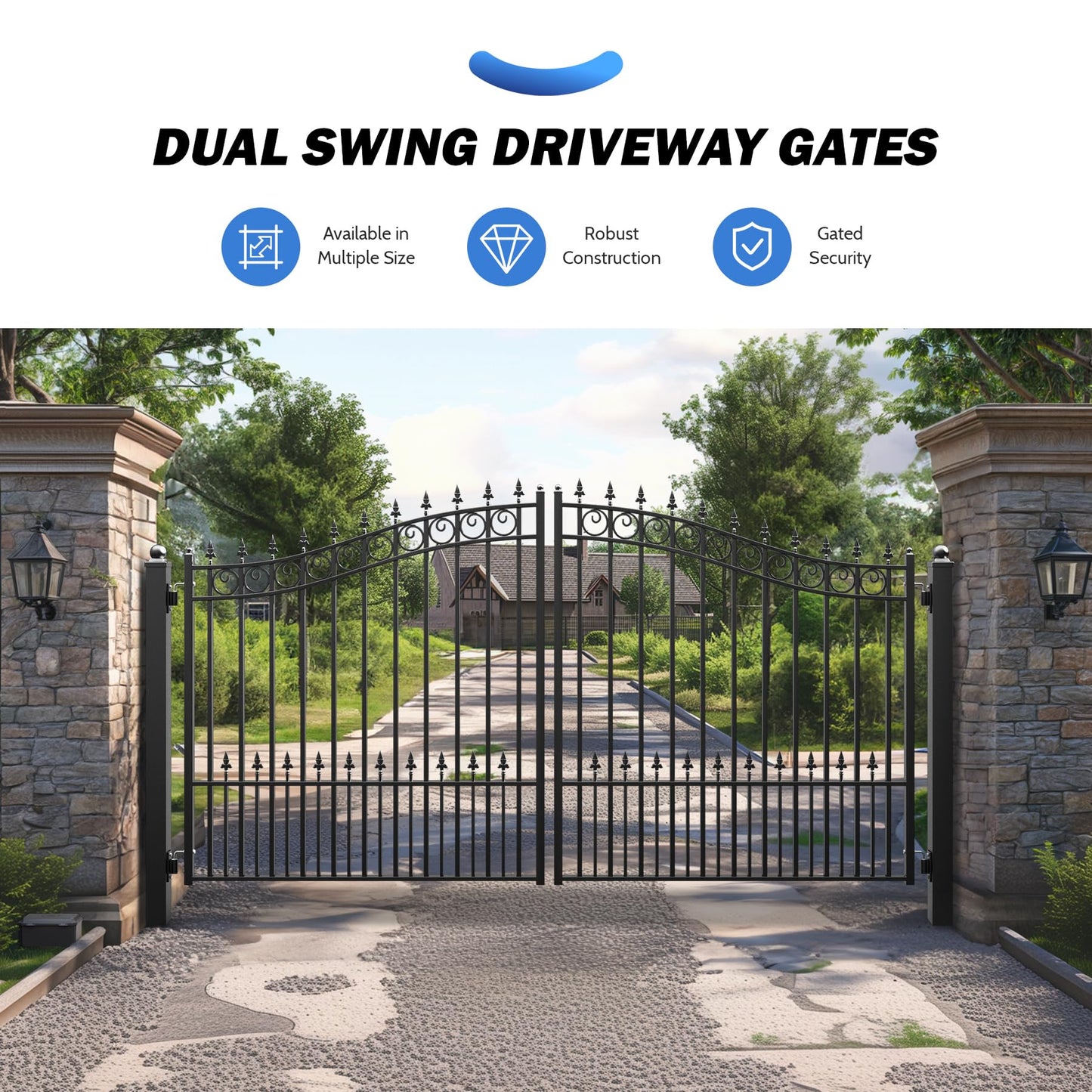 ZUMI Double-Swinging Driveway Gates, 12 x 6 feet, Heavy-Duty Driveway Fence Gates for Home Security, Weatherproof Iron Outdoor Security gate kit, Sydney Style