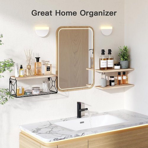 Amada Bathroom Shelves - Over Toilet Storage with Basket | Floating Wall Shelf for Home Organization - Natural Wood