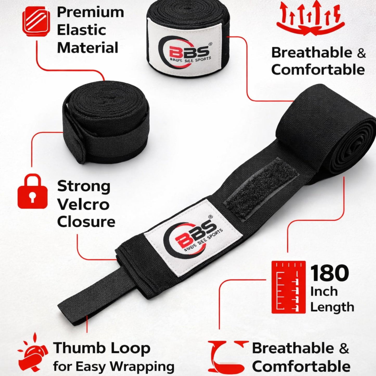 Busy Bee Sports Boxing Hand Wraps 180" – Elastic Cotton MMA, Muay Thai & Kickboxing Wraps – Thumb Loop & Hook & Loop Closure – Wrist & Knuckle Support (Pair)